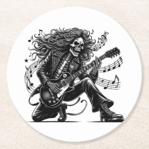 Dynamic Skeleton Rockstar Playing Electric Guitar  Round Paper Coaster