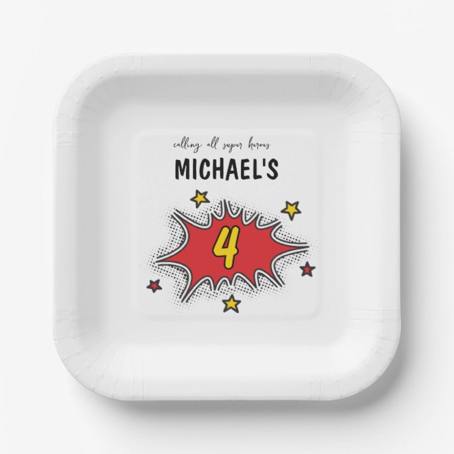 Dynamic Superhero 4th Birthday Paper Plate (Front)