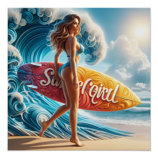 Dynamic Surfer Girl Walking Beach Waves Art Poster (Front)