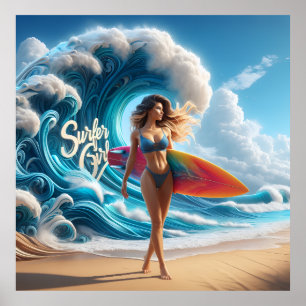 Dynamic Surfer Girl Walking Beach Waves Art Poster
