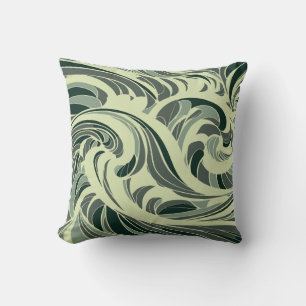 dynamic swirl of green and beige waves cushion