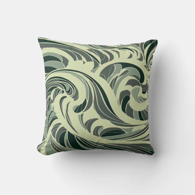 dynamic swirl of green and beige waves cushion (Front)