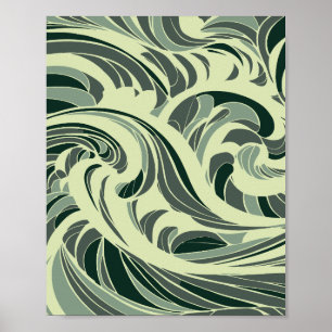 dynamic swirl of green and beige waves poster