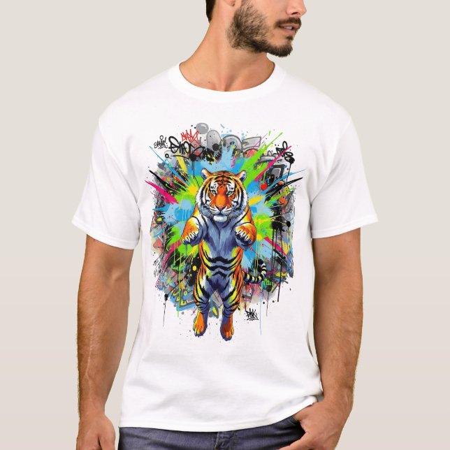 Dynamic Tiger Illustration with Vibrant Graffiti A T-Shirt (Front)