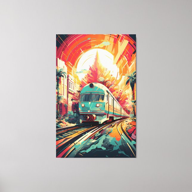 Dynamic Tracks: Vibrant Train Art on Abstract Rail Canvas Print (Front)