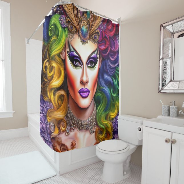 Dynamically Coloured Drag Queen Artwork Design Shower Curtain (In Situ)