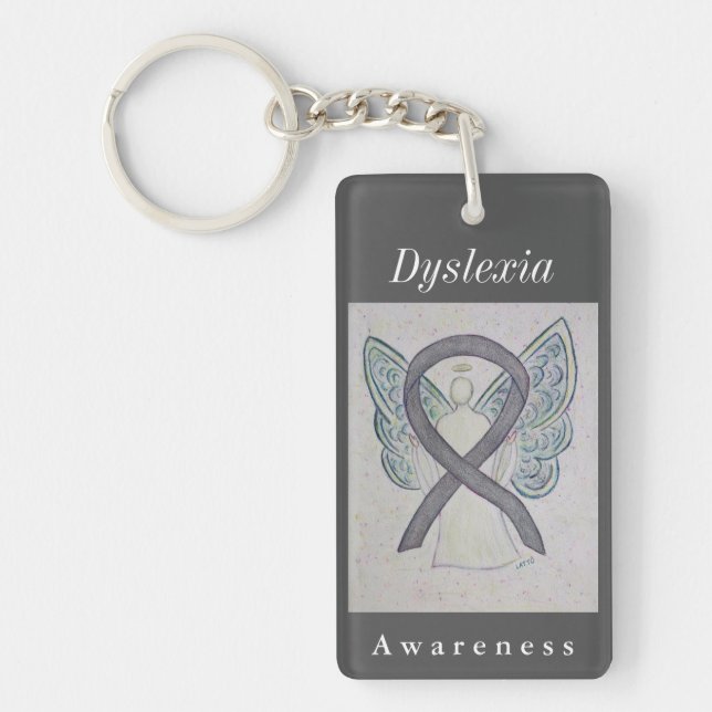 Dyslexia Awareness Silver Ribbon Angel Keychain (Front)