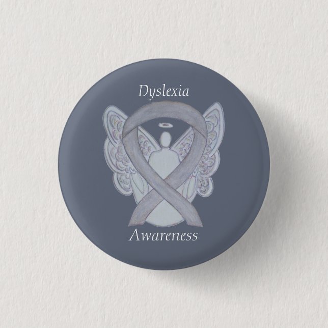 Dyslexia Silver Awareness Ribbon Angel Custom Pin (Front)
