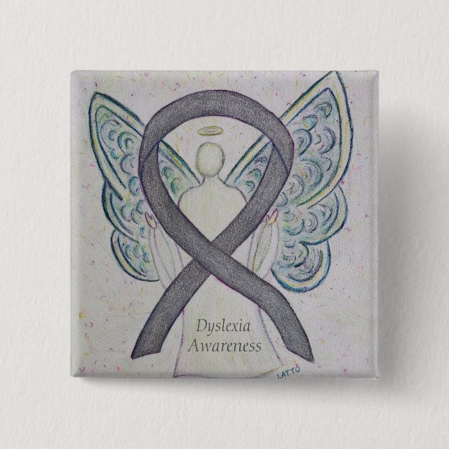 Dyslexia Silver Awareness Ribbon Angel Custom Pin (Front)