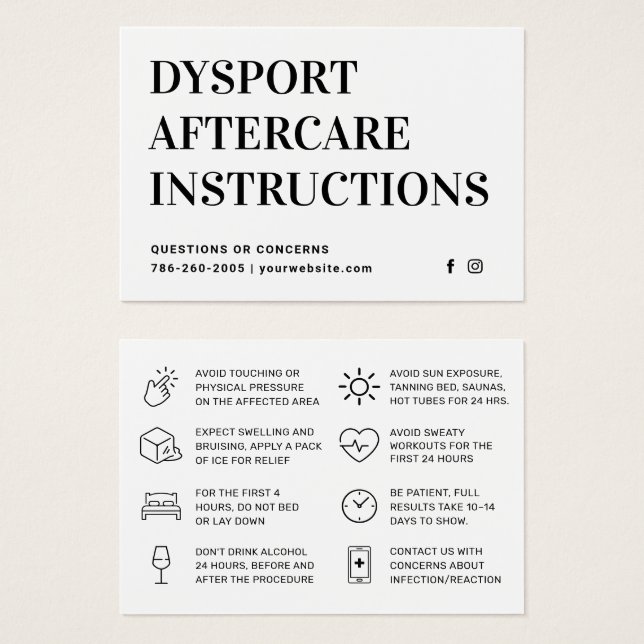 Dysport Injection Aftercare Instruction Card (Front & Back)