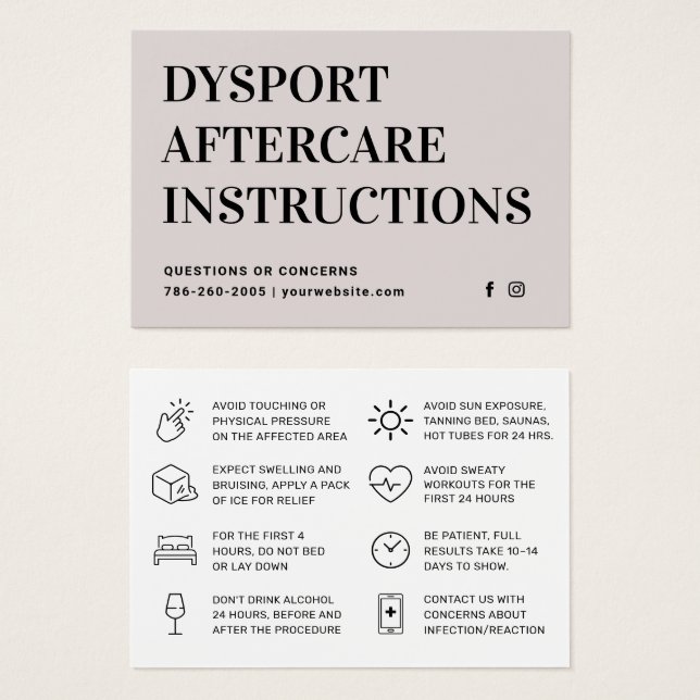 Dysport Injection Aftercare Instruction Card (Front & Back)