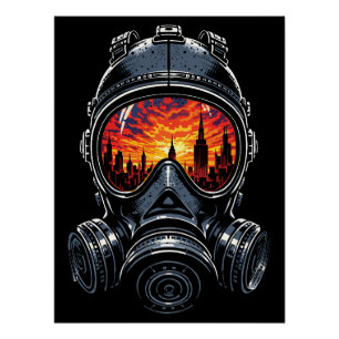 Dystopian Mask Urban Sunset Reflection Poster
