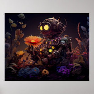 Dystopian Robot with Orange Flower Poster