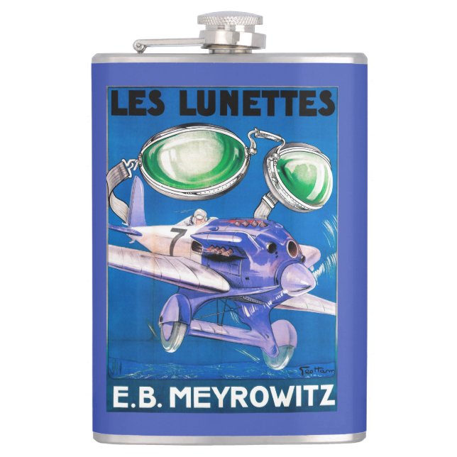 E.B. Meyrowitz Flying Goggles Advertisement Hip Flask (Front)