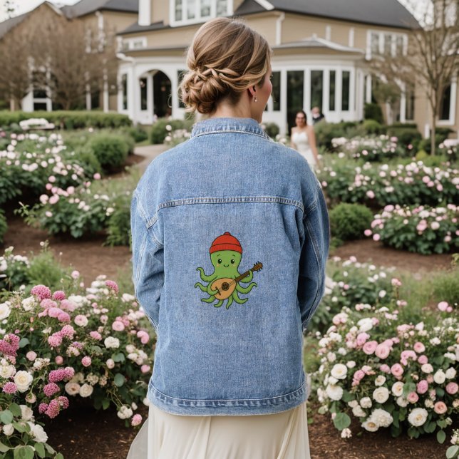 e: Cute Green Octopus Playing Oud with Red Hat Denim Jacket (Wedding Back)