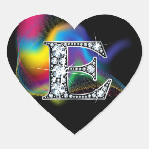"E" Diamond Bling on Rainbow Swirl Heart Sticker