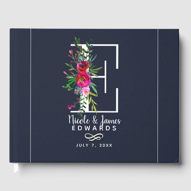 E Letter Initial Monogram Floral Name Wedding Guest Book (Front)