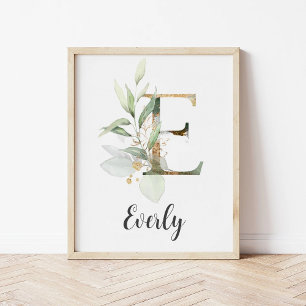 E Letter Monogram Greenery Nursery Name Wall Print