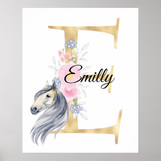 E letter personalized name monogram with horse poster