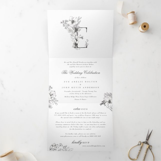 'E' Monogram Beautiful Sketched Floral Wedding Tri-Fold Invitation (Inside)