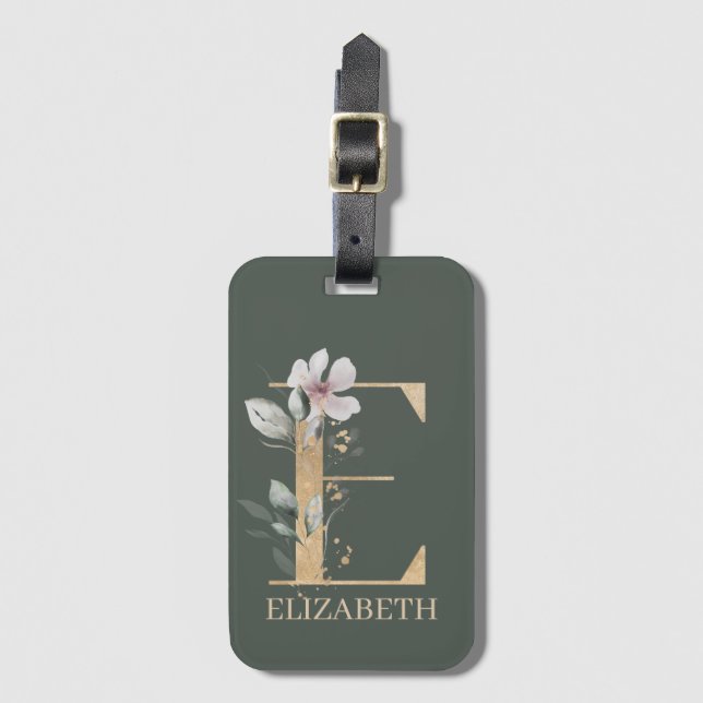 E Monogram Floral Personalised Luggage Tag (Front Vertical)