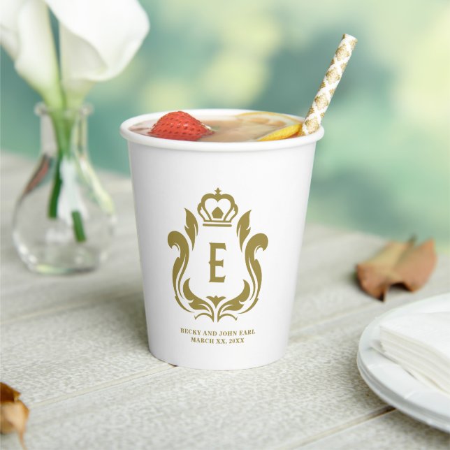 E Monogram Gold Crest Monogrammed Paper Cups (Insitu)