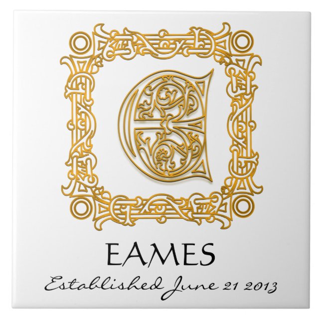 "E" Surname Wedding Anniversary Day Monogram Tile (Front)