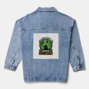 Each Day Joyful Halloween Haunted House Witch Cat Denim Jacket