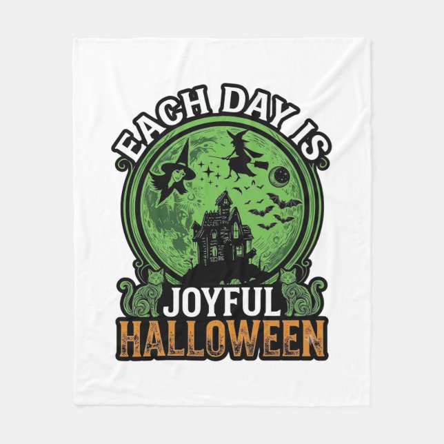 Each Day Joyful Halloween Haunted House Witch Cat  Fleece Blanket (Front)