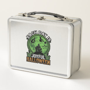 Each Day Joyful Halloween Haunted House Witch Cat  Metal Lunch Box