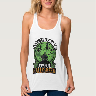 Each Day Joyful Halloween Haunted House Witch Cat  Singlet