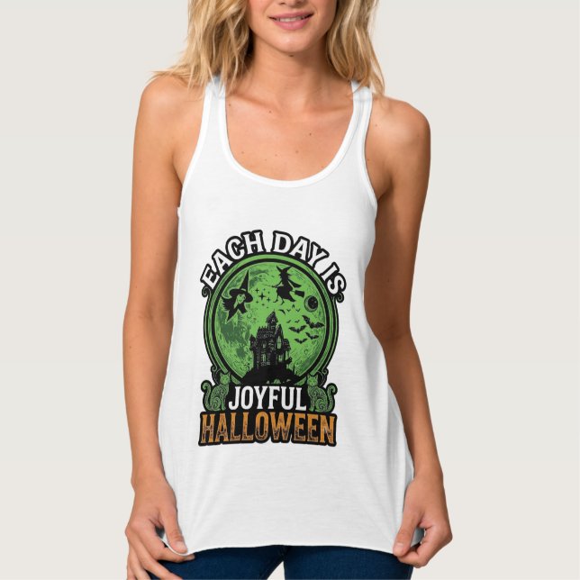 Each Day Joyful Halloween Haunted House Witch Cat  Singlet (Front)