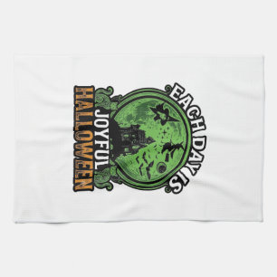 Each Day Joyful Halloween Haunted House Witch Cat  Tea Towel