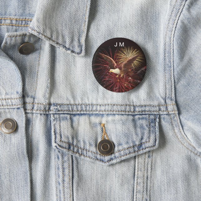 Eagle and Fireworks Custom Monogram Pin-Back 6 Cm Round Badge (In Situ)