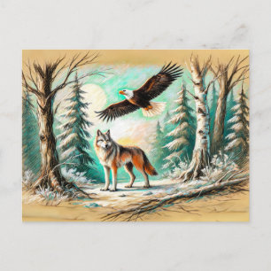 Eagle and Wolf in the Forest Pastel Chalk Drawing Postcard