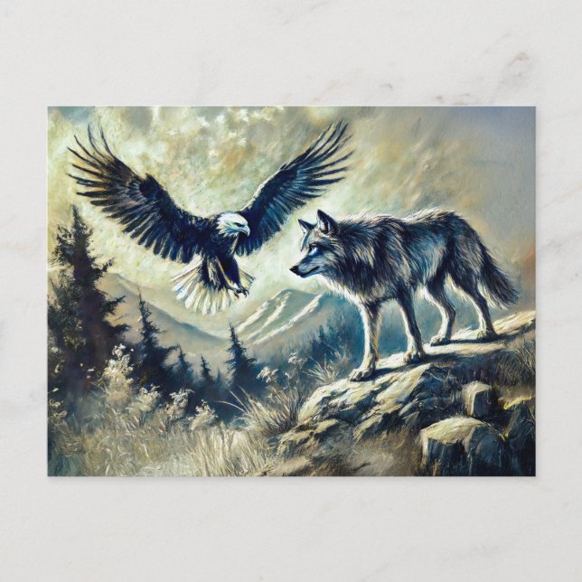 Eagle and Wolf in Wild Landscape Postcard (Front)