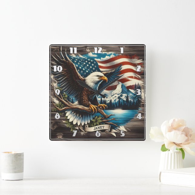 Eagle by American Flag Square Wall Clock (Home)