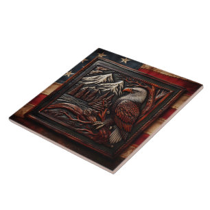 Eagle Carving With Mountain Backdrop Tile