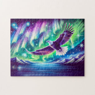Eagle Flying Over Mountain Lake Northern Lights Jigsaw Puzzle