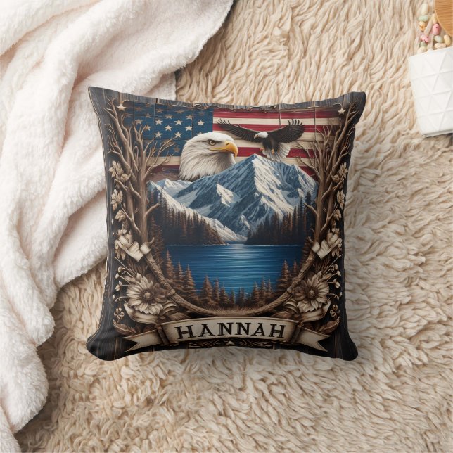 Eagle Flying Over Mountains and American Flag Cushion (Blanket)