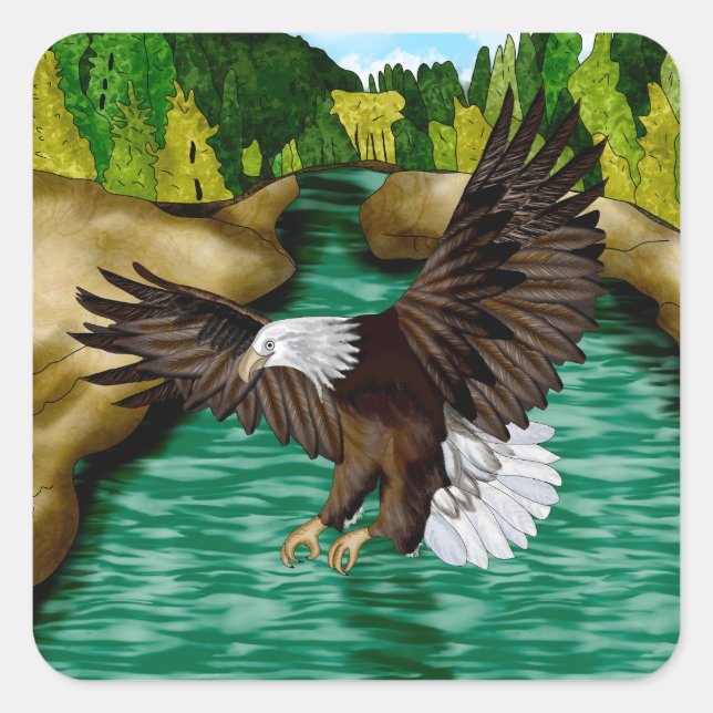 Eagle Flying over River in the Mountains   Square Sticker (Front)