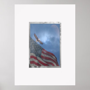 Eagle Flying with Moon and American Flag Poster