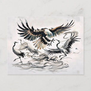Eagle Hunting a Crane Chinese Ink Painting Postcard
