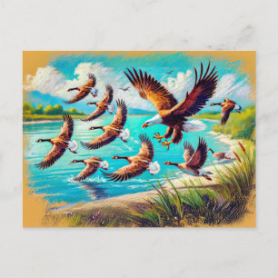 Eagle Hunting Wild Geese by Lake Pastel Chalk Postcard