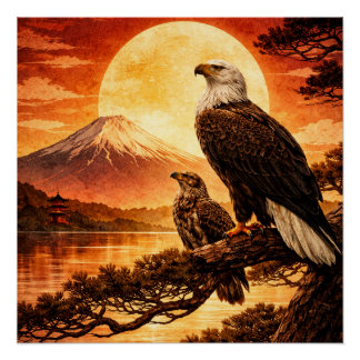 Eagle Japanese Landscape pastor Poster