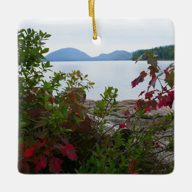 Eagle Lake and Red Maple Leaves I Ceramic Ornament (Front)