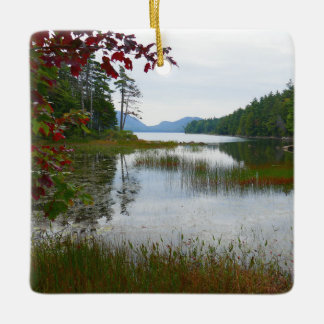 Eagle Lake and Red Maple Leaves II Ceramic Ornament