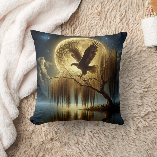 Eagle Majestically Perched on Tree Branch at Night Cushion (Blanket)