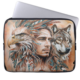 Eagle - Man - Wolf - watercolor art 1 - Fan Fun Laptop Sleeve