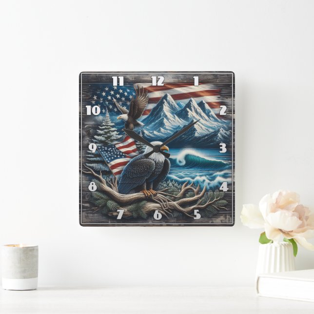 Eagle on Branch in Mountain View Square Wall Clock (Home)